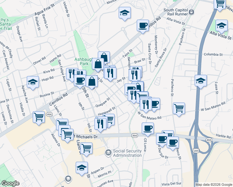 map of restaurants, bars, coffee shops, grocery stores, and more near 1703 3rd Street in Santa Fe