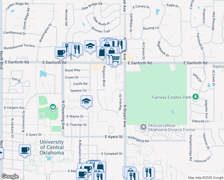 map of restaurants, bars, coffee shops, grocery stores, and more near 921 Carfax Road in Edmond
