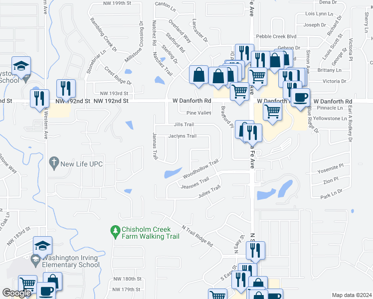 map of restaurants, bars, coffee shops, grocery stores, and more near 813 Ricks Trail in Edmond