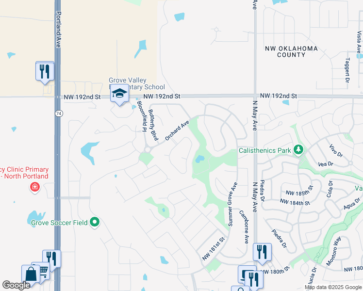 map of restaurants, bars, coffee shops, grocery stores, and more near 3212 Northwest 188th Terrace in Edmond
