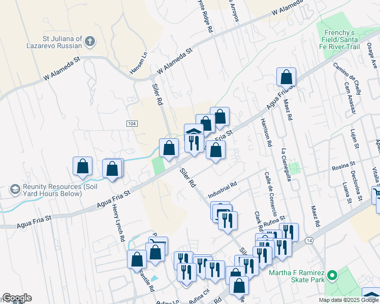 map of restaurants, bars, coffee shops, grocery stores, and more near 2861 Agua Fria Street in Santa Fe