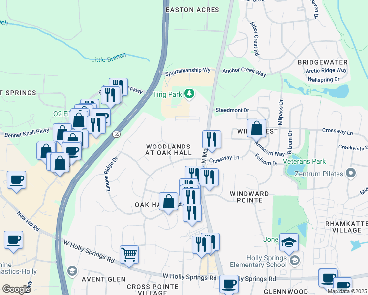 map of restaurants, bars, coffee shops, grocery stores, and more near 712 Bonhurst Drive in Holly Springs