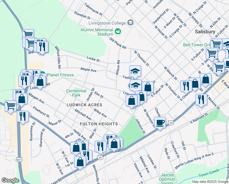 map of restaurants, bars, coffee shops, grocery stores, and more near 717 Lincolnton Road in Salisbury