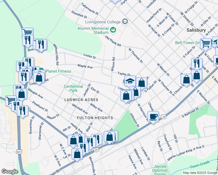 map of restaurants, bars, coffee shops, grocery stores, and more near 717 Lincolnton Road in Salisbury