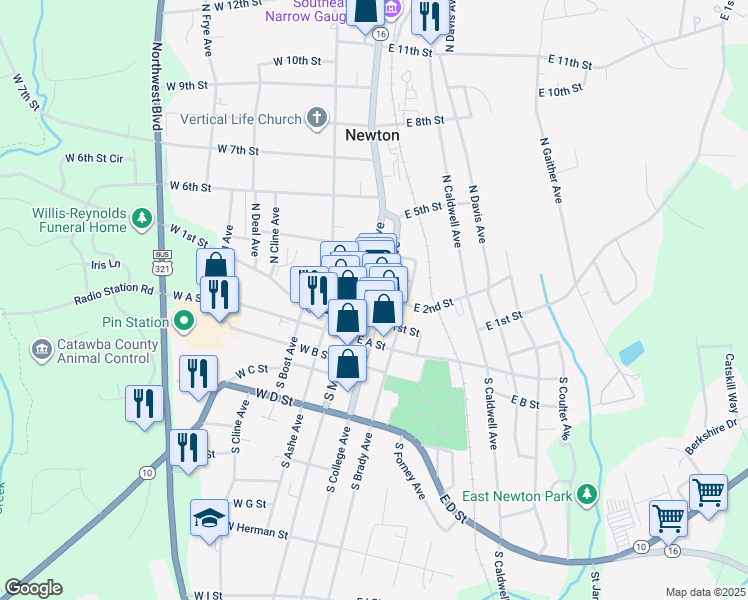 map of restaurants, bars, coffee shops, grocery stores, and more near 109 North Carolina 16 Business in Newton