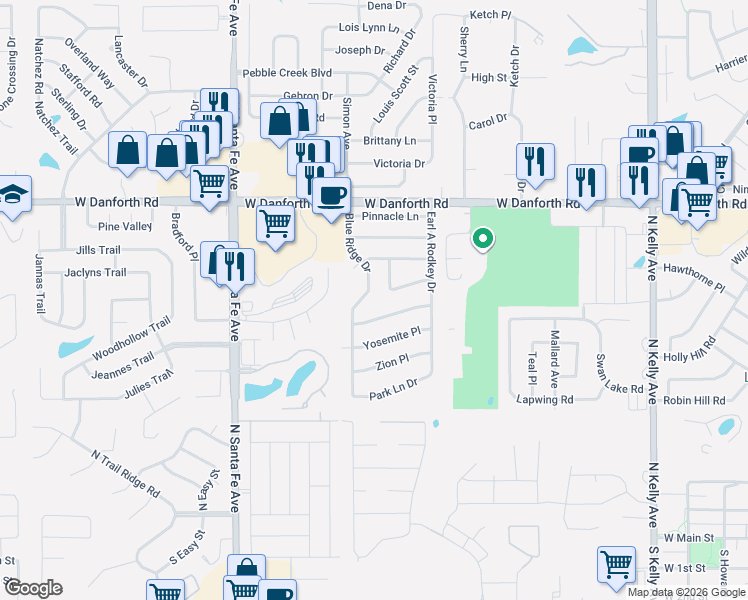 map of restaurants, bars, coffee shops, grocery stores, and more near 1720 Glacier Lane in Edmond