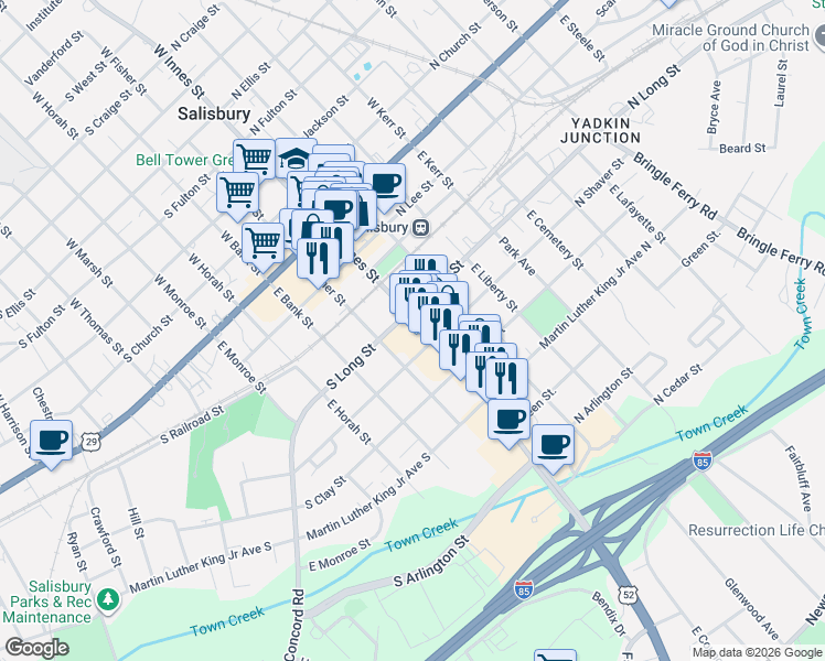 map of restaurants, bars, coffee shops, grocery stores, and more near 413 East Innes Street in Salisbury