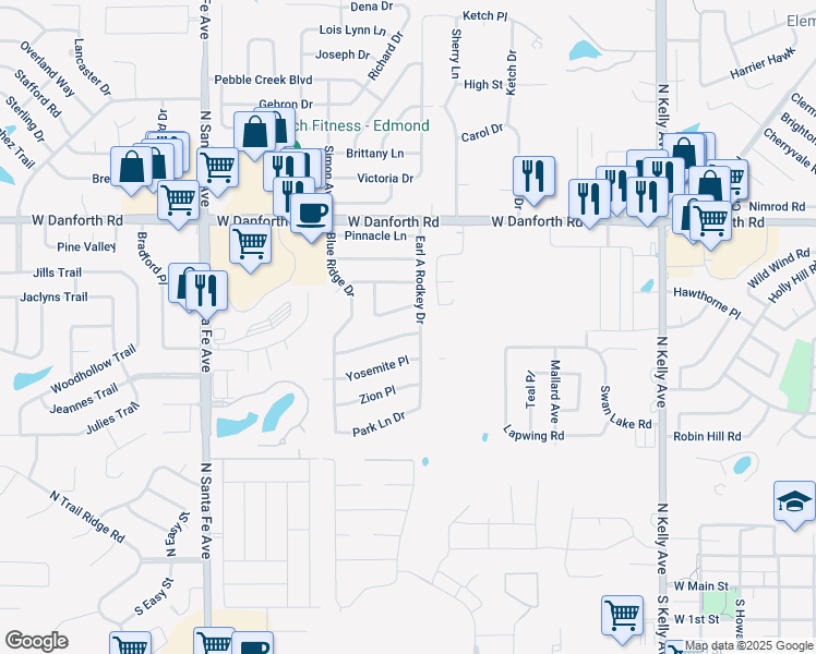 map of restaurants, bars, coffee shops, grocery stores, and more near 1613 Rocky Mountain Way in Edmond