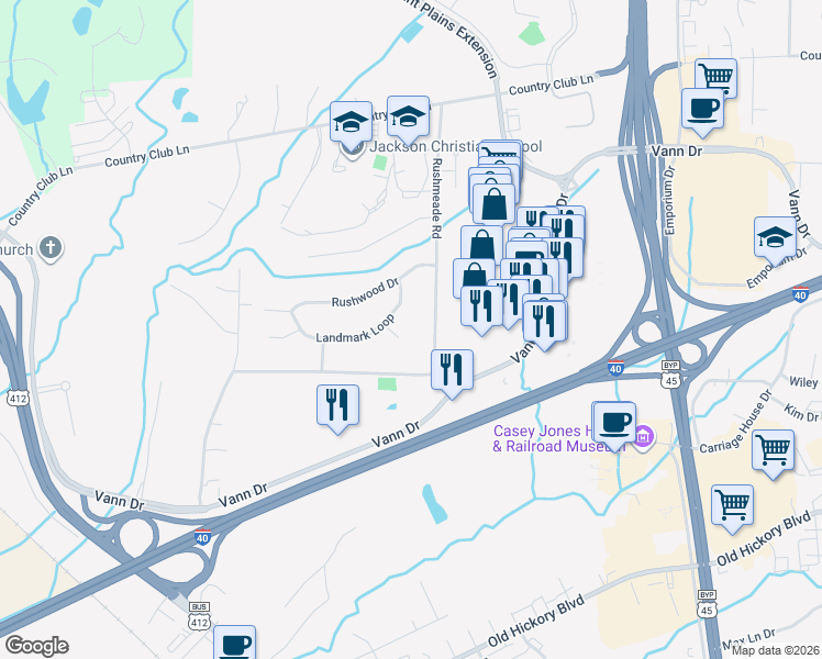 map of restaurants, bars, coffee shops, grocery stores, and more near 20 Lanway Cove in Jackson