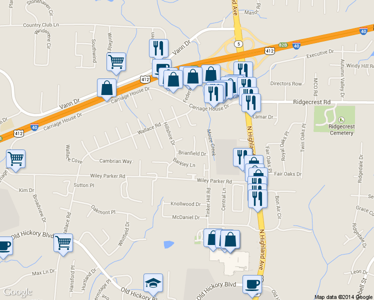 map of restaurants, bars, coffee shops, grocery stores, and more near 25 Brianfield Drive in Jackson