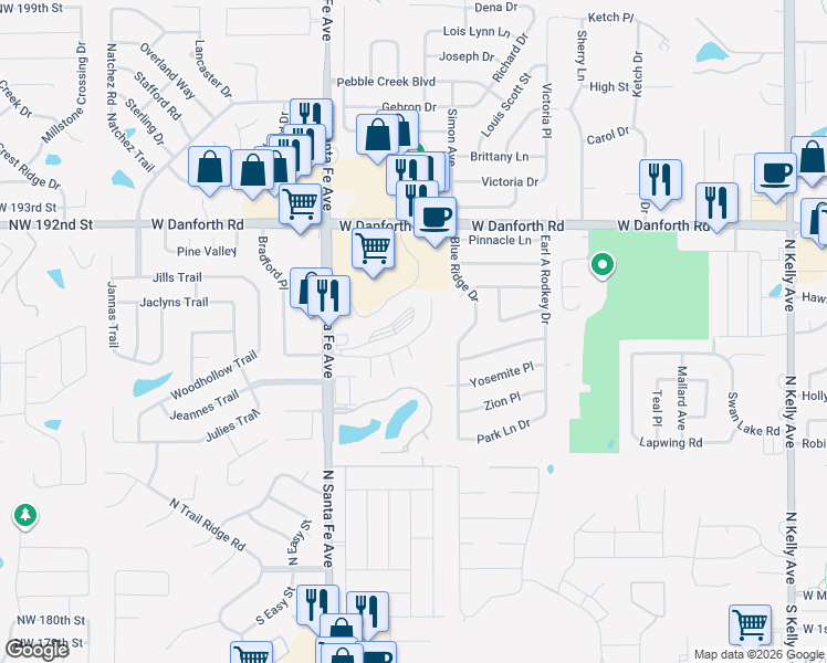 map of restaurants, bars, coffee shops, grocery stores, and more near 2017 Bradford Way in Edmond