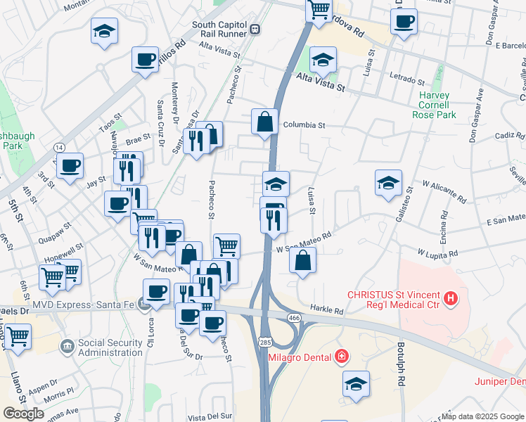 map of restaurants, bars, coffee shops, grocery stores, and more near 1512 South Saint Francis Drive in Santa Fe