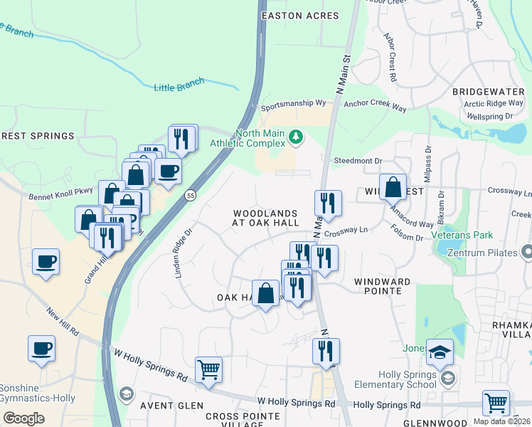 map of restaurants, bars, coffee shops, grocery stores, and more near 801 Bonhurst Drive in Holly Springs