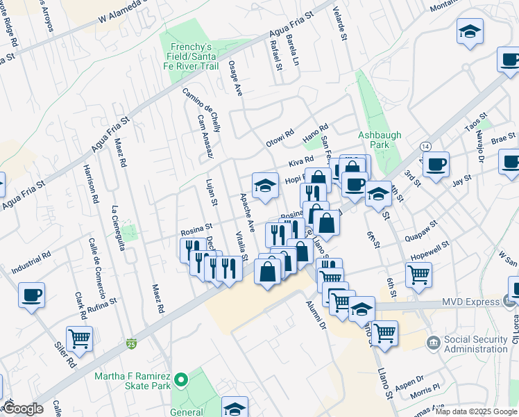 map of restaurants, bars, coffee shops, grocery stores, and more near 1231 Apache Avenue in Santa Fe