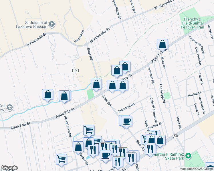 map of restaurants, bars, coffee shops, grocery stores, and more near 2845 Agua Fria Street in Santa Fe