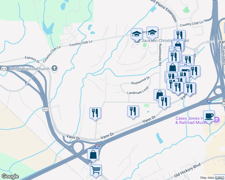 map of restaurants, bars, coffee shops, grocery stores, and more near 41 Markwest Cove in Jackson