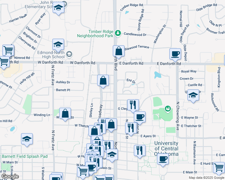 map of restaurants, bars, coffee shops, grocery stores, and more near 19 East Blanch Avenue in Edmond