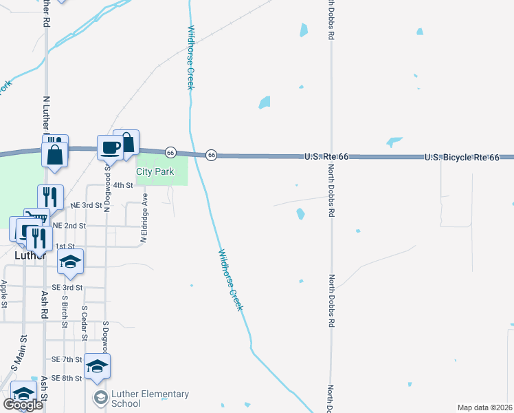 map of restaurants, bars, coffee shops, grocery stores, and more near 19536-19998 Route 66 in Luther