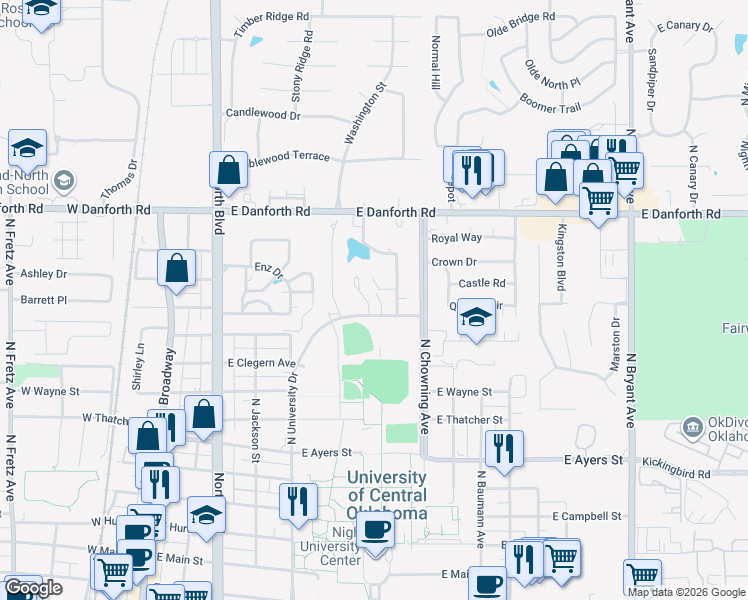 map of restaurants, bars, coffee shops, grocery stores, and more near 906 Jefferson Street in Edmond