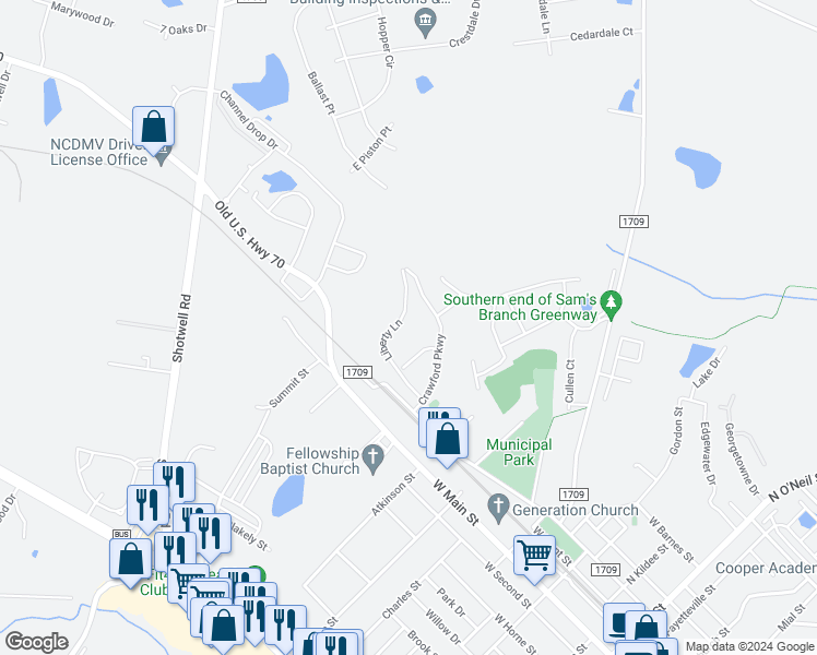 map of restaurants, bars, coffee shops, grocery stores, and more near 147 Liberty Lane in Clayton