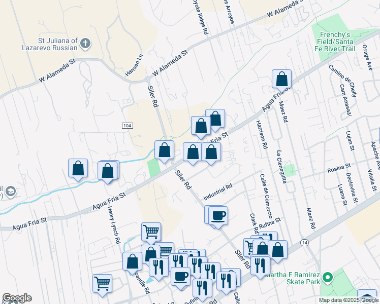 map of restaurants, bars, coffee shops, grocery stores, and more near 2845 Agua Fria Street in Santa Fe
