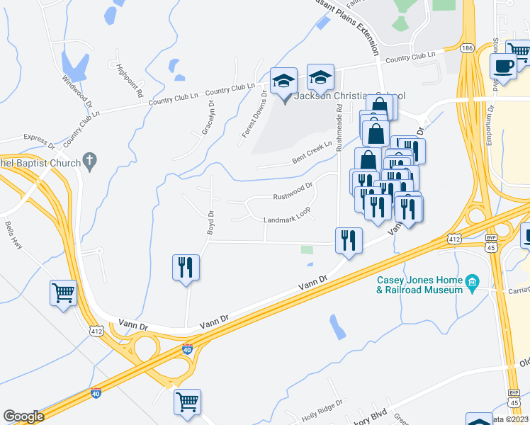 map of restaurants, bars, coffee shops, grocery stores, and more near 131 Landmark Loop in Jackson