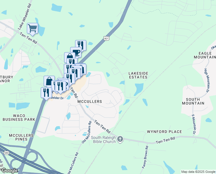 map of restaurants, bars, coffee shops, grocery stores, and more near 1125 Cozy Crest Drive in Raleigh