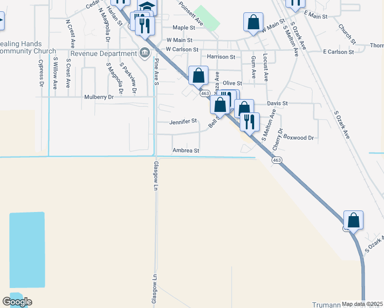 map of restaurants, bars, coffee shops, grocery stores, and more near 228 Ambrea Drive in Trumann