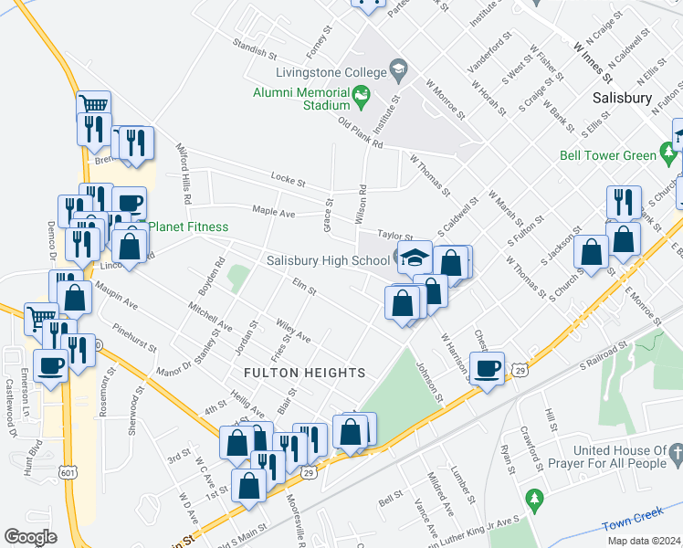 map of restaurants, bars, coffee shops, grocery stores, and more near 725 Lincolnton Road in Salisbury