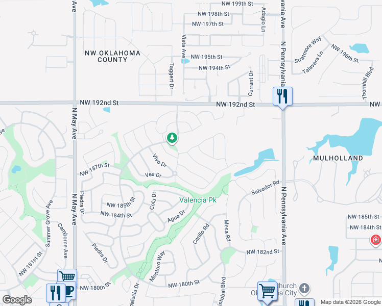 map of restaurants, bars, coffee shops, grocery stores, and more near 2408 Northwest 187th Terrace in Edmond