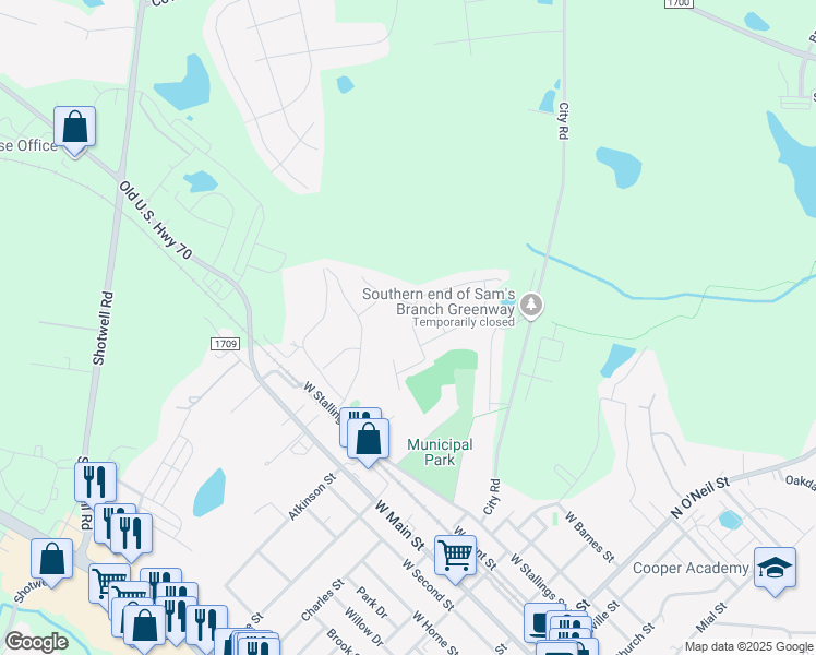 map of restaurants, bars, coffee shops, grocery stores, and more near 66 McDowell Parkway in Clayton