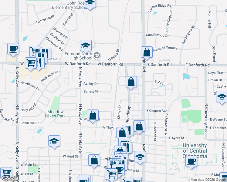 map of restaurants, bars, coffee shops, grocery stores, and more near 21 Blanch Avenue in Edmond
