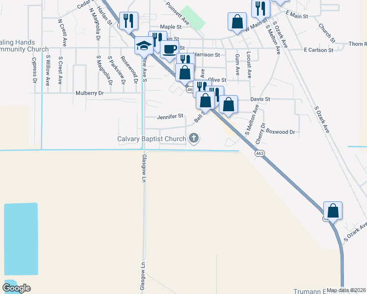 map of restaurants, bars, coffee shops, grocery stores, and more near 228 Ambrea Drive in Trumann