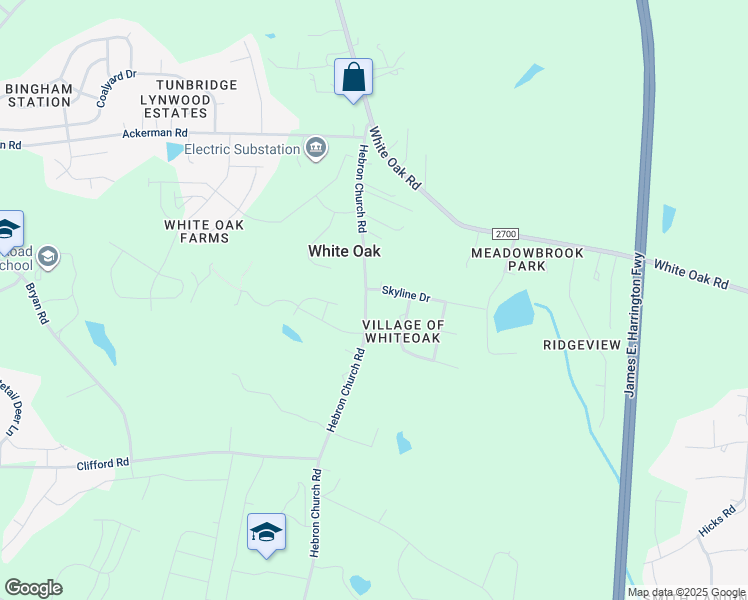 map of restaurants, bars, coffee shops, grocery stores, and more near 2400 Skyline Drive in Garner