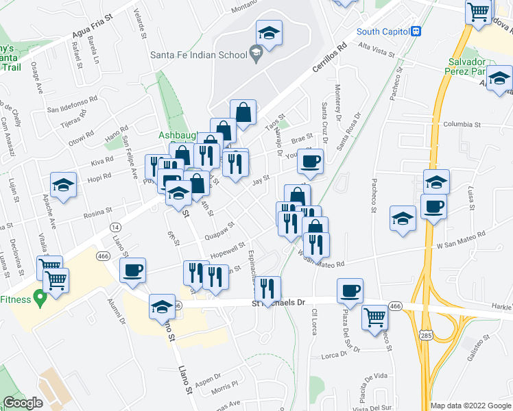 map of restaurants, bars, coffee shops, grocery stores, and more near 1703 3rd Street in Santa Fe