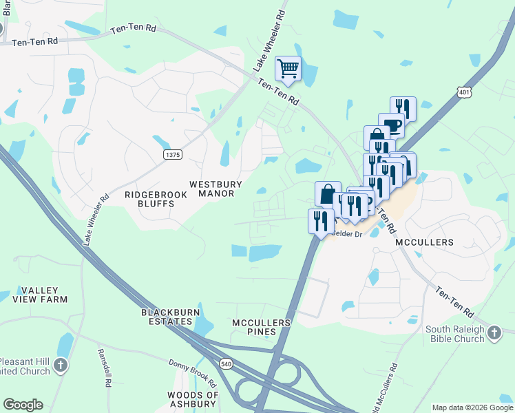 map of restaurants, bars, coffee shops, grocery stores, and more near 3813 Gelder Drive in Raleigh