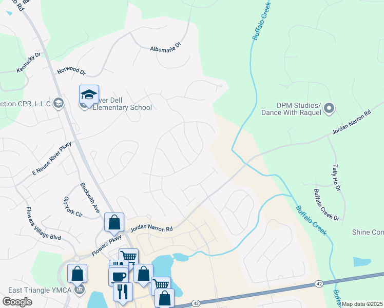 map of restaurants, bars, coffee shops, grocery stores, and more near River Dell Townes Avenue in Johnston County