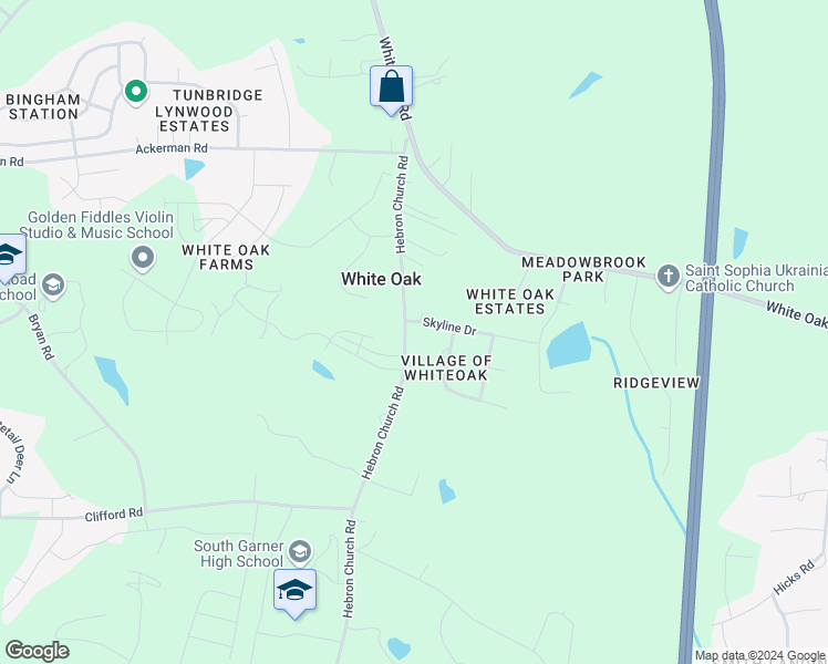 map of restaurants, bars, coffee shops, grocery stores, and more near 2400 Skyline Drive in Garner