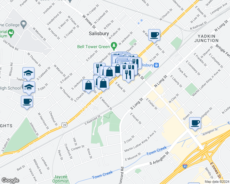 map of restaurants, bars, coffee shops, grocery stores, and more near 322 South Lee Street in Salisbury
