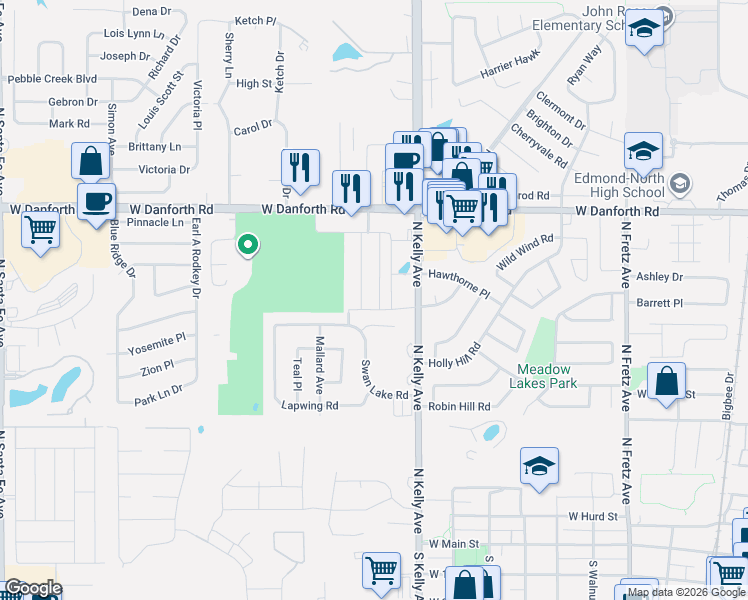 map of restaurants, bars, coffee shops, grocery stores, and more near 1019 Swan Lake Court in Edmond