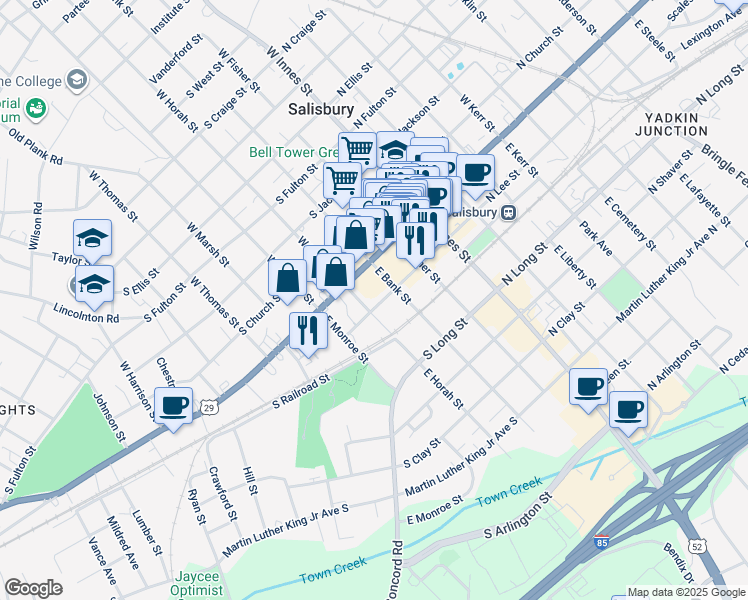 map of restaurants, bars, coffee shops, grocery stores, and more near 322 South Lee Street in Salisbury