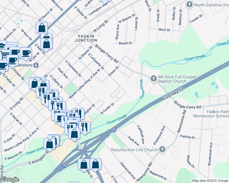 map of restaurants, bars, coffee shops, grocery stores, and more near Lafayette Circle in Salisbury