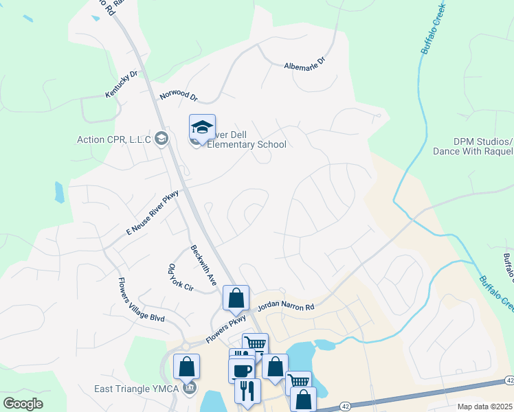 map of restaurants, bars, coffee shops, grocery stores, and more near Blue Spruce Circle in Johnston County