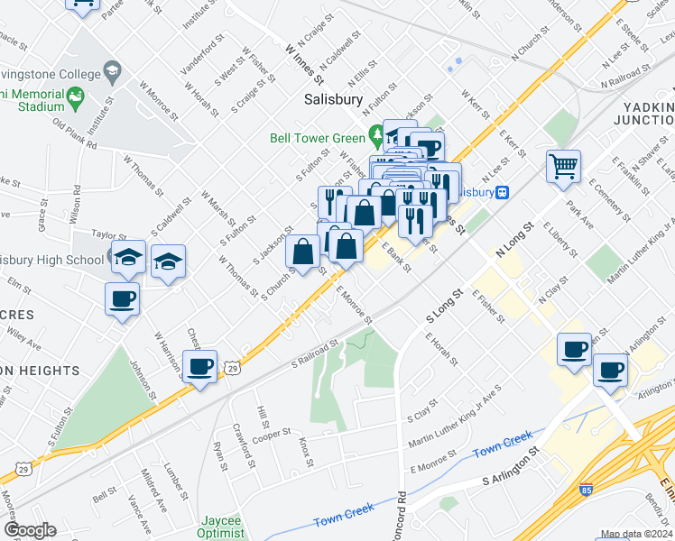 map of restaurants, bars, coffee shops, grocery stores, and more near 418 U.S. 29 in Salisbury