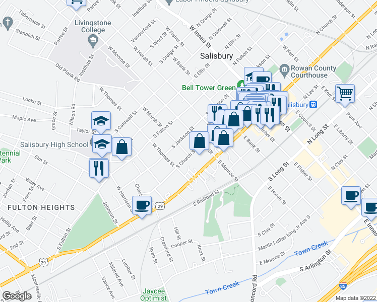 map of restaurants, bars, coffee shops, grocery stores, and more near 204 West Marsh Street in Salisbury
