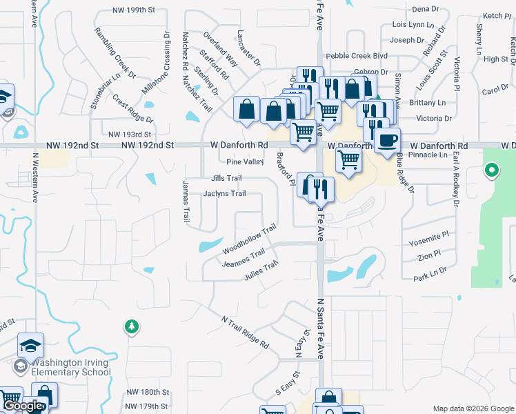 map of restaurants, bars, coffee shops, grocery stores, and more near 809 Julie's Trail in Edmond