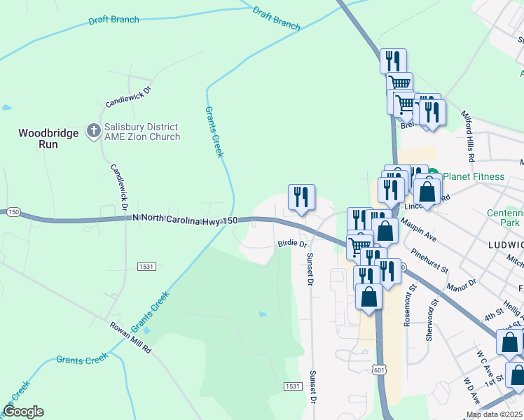 map of restaurants, bars, coffee shops, grocery stores, and more near 1612 Mooresville Road in Salisbury
