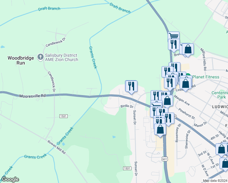 map of restaurants, bars, coffee shops, grocery stores, and more near 1612 Mooresville Road in Salisbury