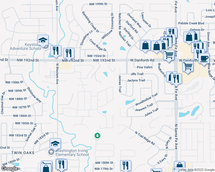 map of restaurants, bars, coffee shops, grocery stores, and more near 18713 Hidden Hill Terrace in Edmond