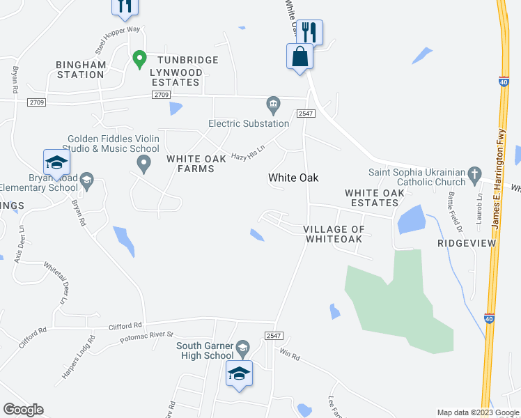 map of restaurants, bars, coffee shops, grocery stores, and more near 268 Hiking Hill Lane in Garner